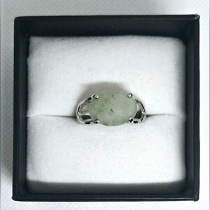 Silver Tone Green Oval Stone Ring Boho Statement Size 8.5
